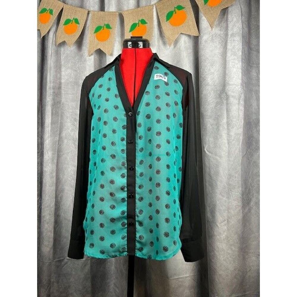 BCX Blouse Womens Green Medium Semi-Sheer Lattice Back Button Front